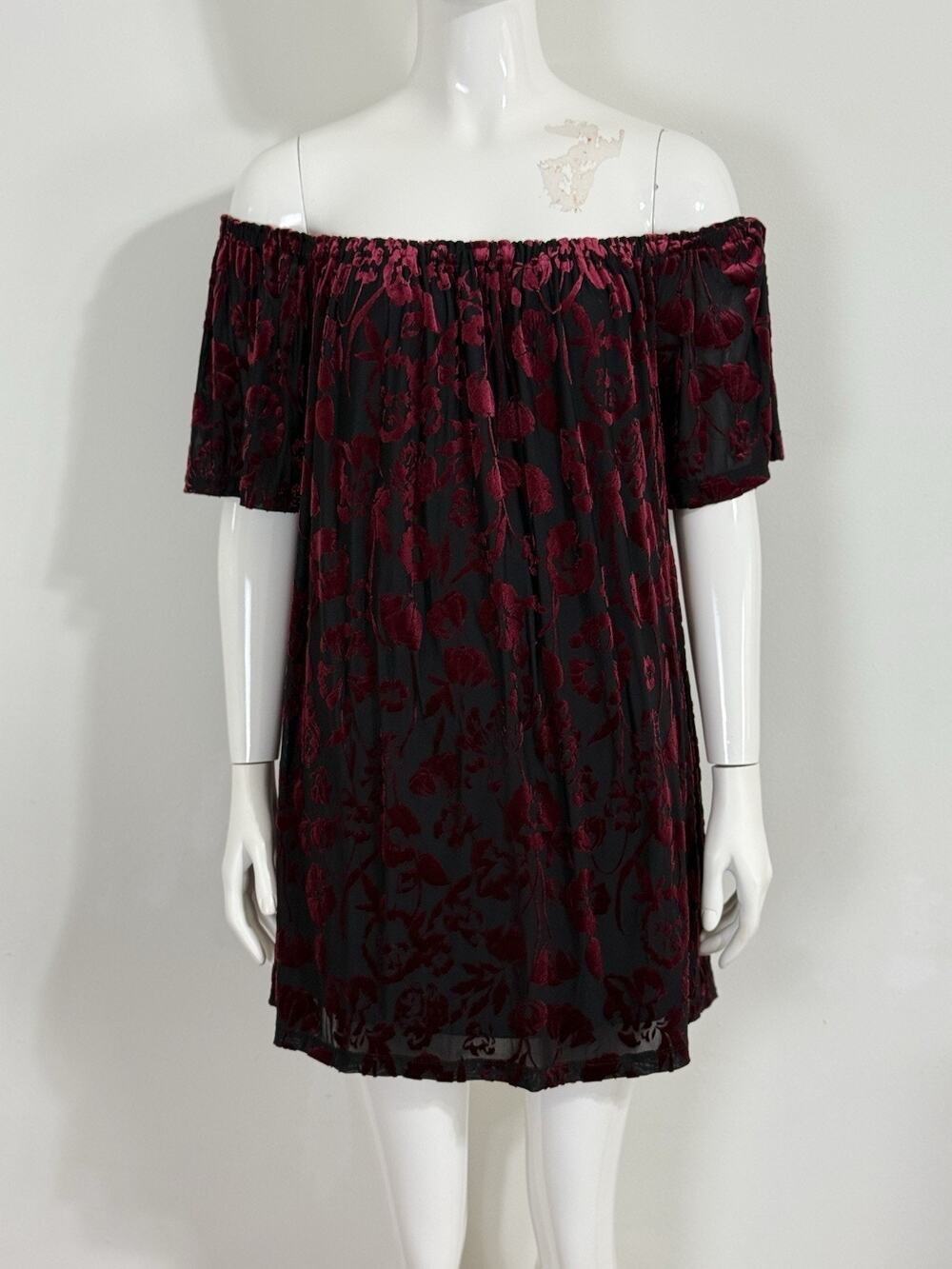 Women’s Black Red Velvet Burnout Babydoll Dress Off Shoulder Whimsigoth Size S